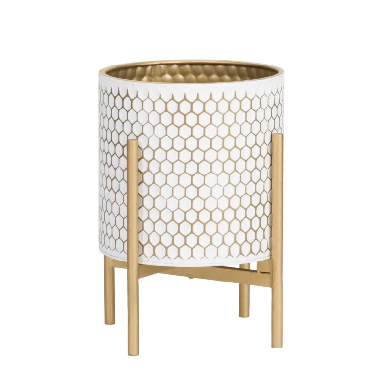 Honeycomb Mid-Century Modern Indoor Metal Pot Planter with 4-Leg Metal Base - 14.75  H x 11.75  W