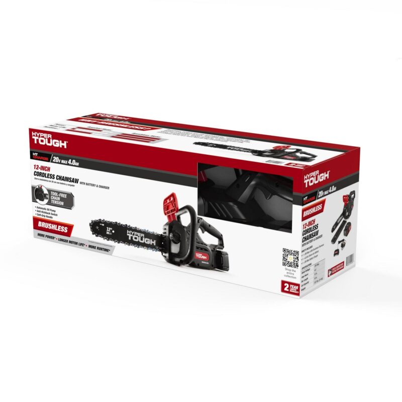 Hyper Tough 20V 4.0Ah Battery Powered 12in Brushless Chainsaw, HT22-401-03-03 - Image 2