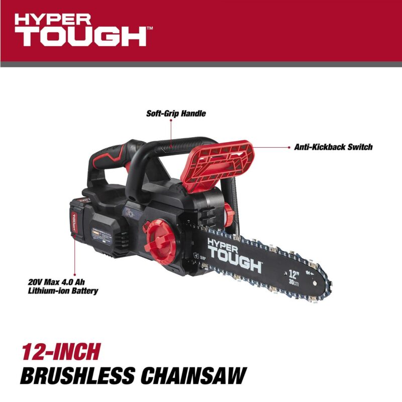 Hyper Tough 20V 4.0Ah Battery Powered 12in Brushless Chainsaw, HT22-401-03-03 - Image 12