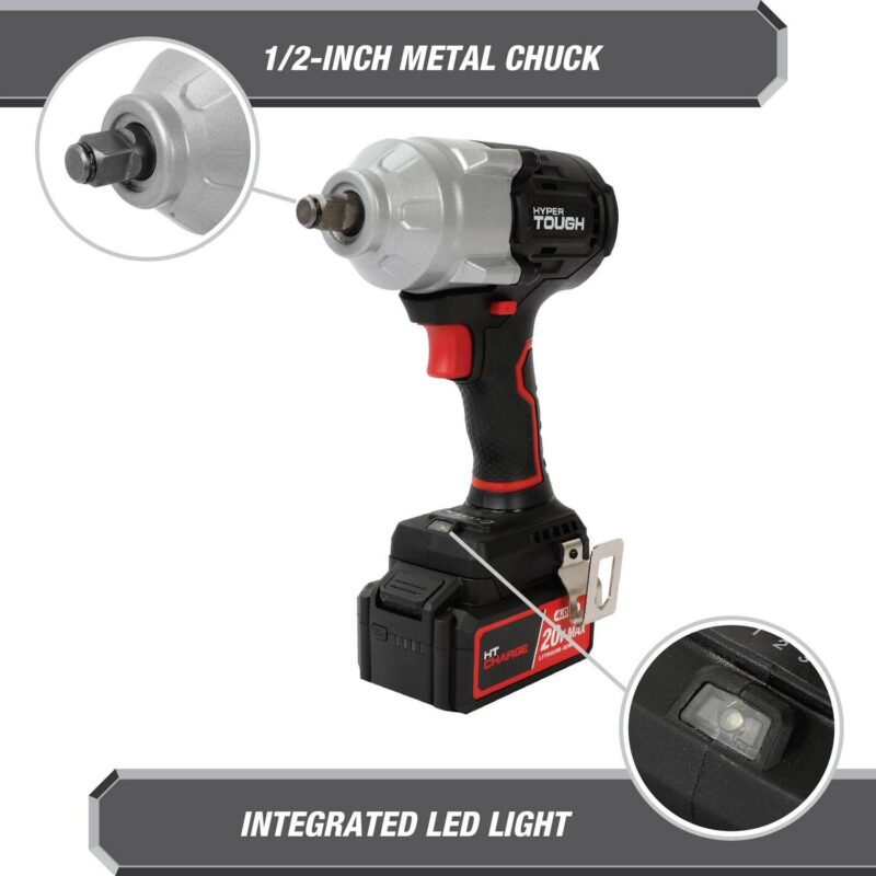 Hyper Tough 20V Max Brushless 1/2-inch Mid-Torque Cordless Impact Wrench with 4.0Ah Lithium-Ion Battery and Charger - Image 9