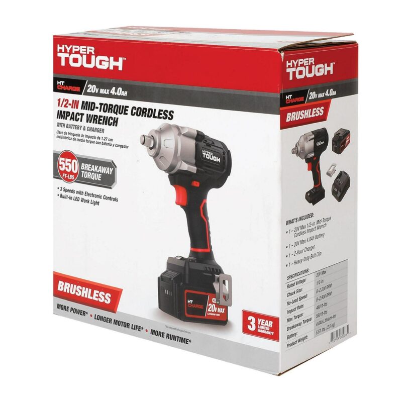 Hyper Tough 20V Max Brushless 1/2-inch Mid-Torque Cordless Impact Wrench with 4.0Ah Lithium-Ion Battery and Charger - Image 13