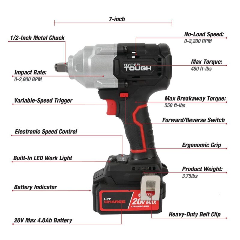 Hyper Tough 20V Max Brushless 1/2-inch Mid-Torque Cordless Impact Wrench with 4.0Ah Lithium-Ion Battery and Charger - Image 3