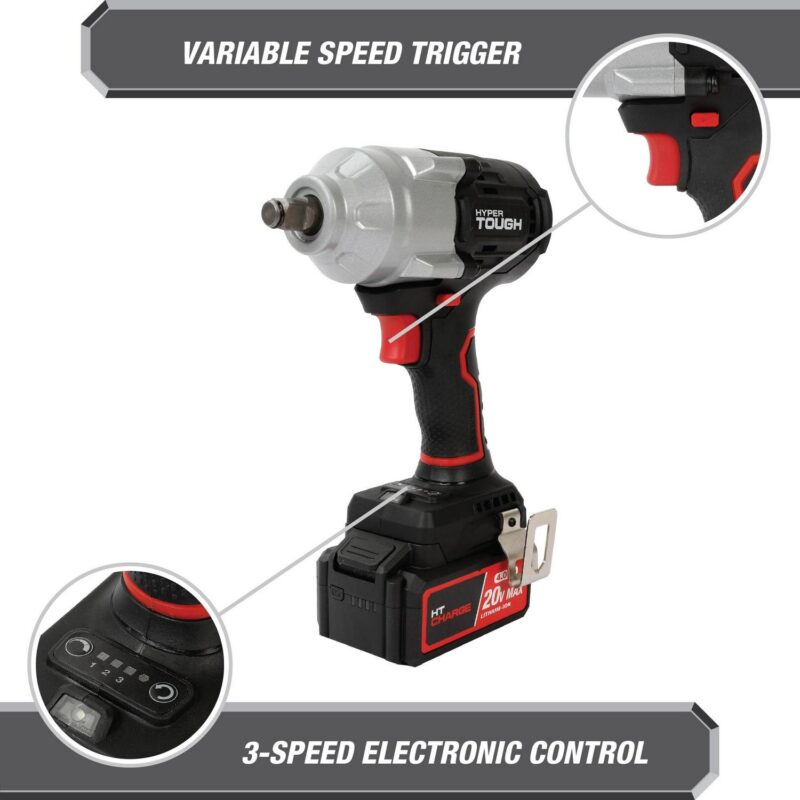 Hyper Tough 20V Max Brushless 1/2-inch Mid-Torque Cordless Impact Wrench with 4.0Ah Lithium-Ion Battery and Charger - Image 10