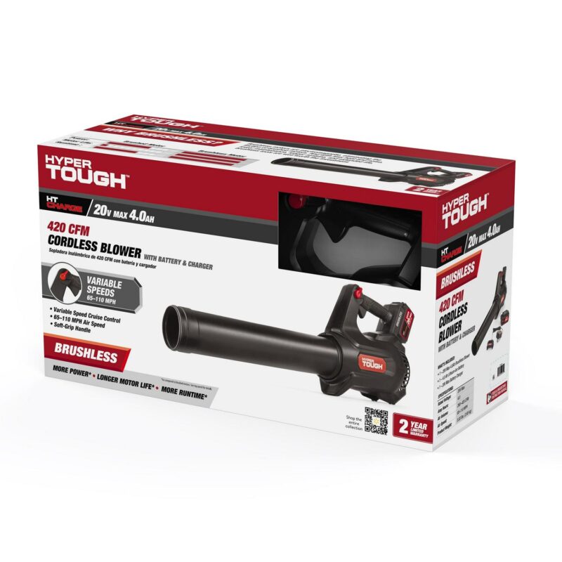 Hyper Tough 20V Max 110 mph 420 Cfm 4.0Ah Brushless Handheld Battery Blower, HT22-401-03-01 - Image 2