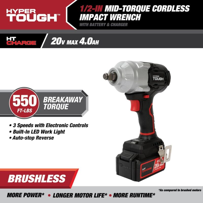 Hyper Tough 20V Max Brushless 1/2-inch Mid-Torque Cordless Impact Wrench with 4.0Ah Lithium-Ion Battery and Charger - Image 4