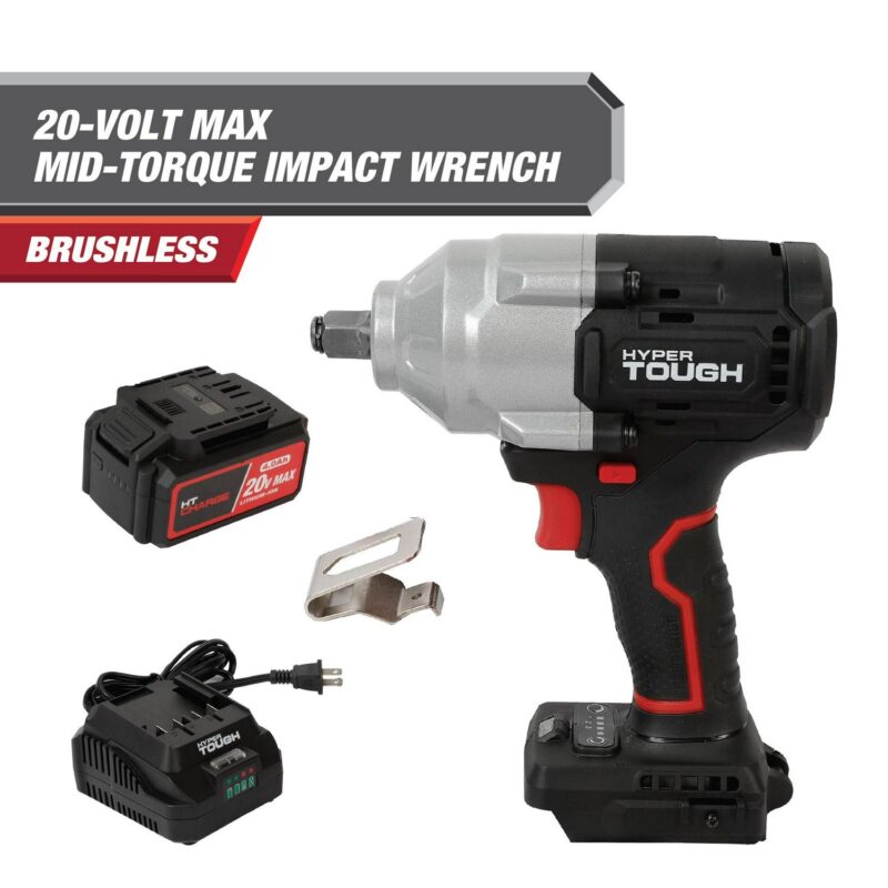 Hyper Tough 20V Max Brushless 1/2-inch Mid-Torque Cordless Impact Wrench with 4.0Ah Lithium-Ion Battery and Charger - Image 2