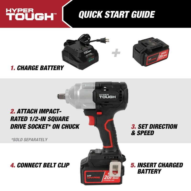 Hyper Tough 20V Max Brushless 1/2-inch Mid-Torque Cordless Impact Wrench with 4.0Ah Lithium-Ion Battery and Charger - Image 11