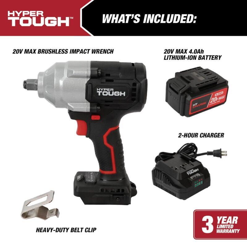 Hyper Tough 20V Max Brushless 1/2-inch Mid-Torque Cordless Impact Wrench with 4.0Ah Lithium-Ion Battery and Charger - Image 5