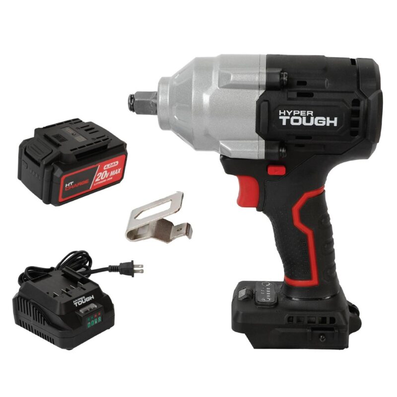 Hyper Tough 20V Max Brushless 1/2-inch Mid-Torque Cordless Impact Wrench with 4.0Ah Lithium-Ion Battery and Charger