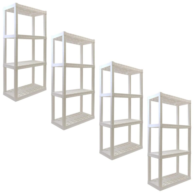 Hyper Tough 56  H x 14  D x 30  W 4 Shelf Plastic Garage Shelves, Pack of 4 Storage Shelving, White 400 lbs Capacity