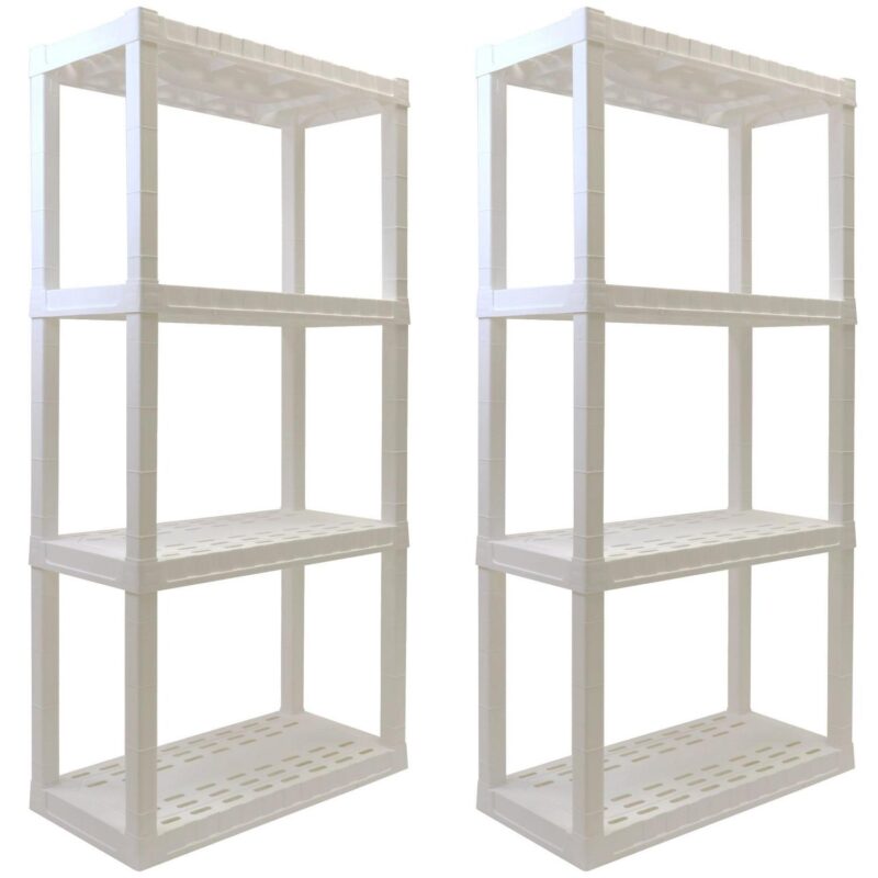 Hyper Tough Garage Shelves, Pack of 2 Plastic Storage Shelving Unit 4 Shelves, White 400 lbs Capacity 56  H x 14  D x 30  W