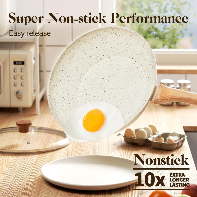 Innerwell 6 Pcs Nonstick Frying Pan Set White with Lids Granite Cookware Healthy No Toxic Cookware Induction Skillet - Image 3