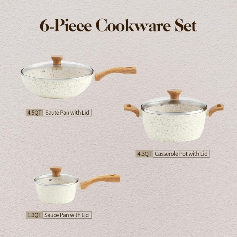 Innerwell 6 Pcs Nonstick Frying Pan Set White with Lids Granite Cookware Healthy No Toxic Cookware Induction Skillet - Image 6
