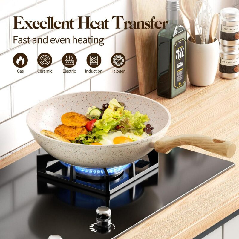 Innerwell 6 Pcs Nonstick Frying Pan Set White with Lids Granite Cookware Healthy No Toxic Cookware Induction Skillet - Image 2