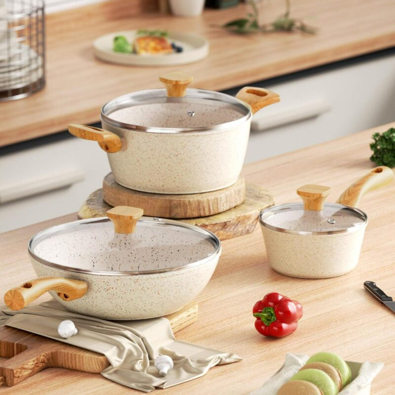 Innerwell 6 Pcs Nonstick Frying Pan Set White with Lids Granite Cookware Healthy No Toxic Cookware Induction Skillet - Image 7