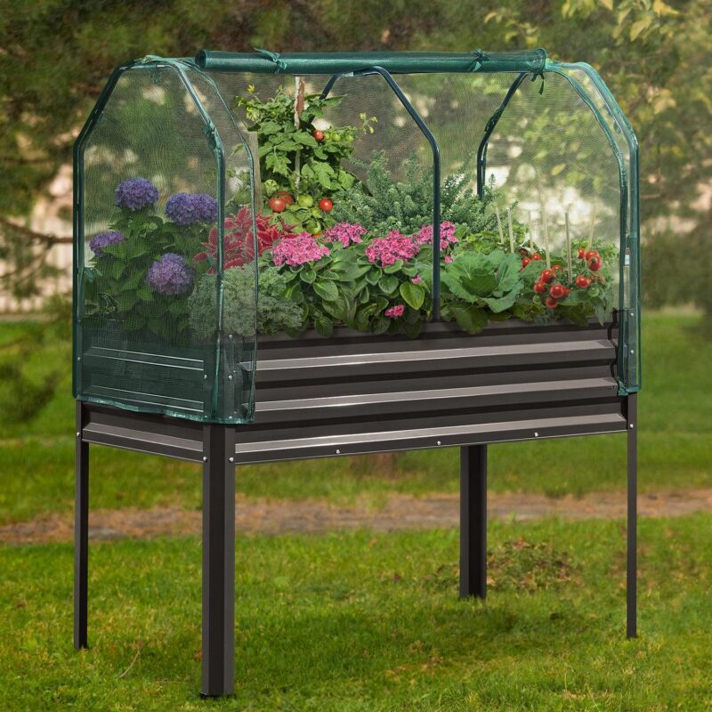 KING BIRD 47 A 24 A 56  Raised Garden Bed with Plants Protection Cover, Legs Galvanized Steel Metal Elevated Garden Planter Box for Outdoor Gardening Dark Grey