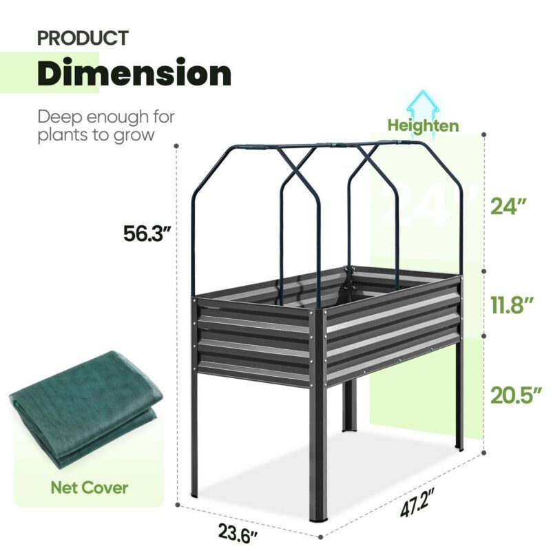KING BIRD 47 A 24 A 56  Raised Garden Bed with Plants Protection Cover, Legs Galvanized Steel Metal Elevated Garden Planter Box for Outdoor Gardening Dark Grey - Image 3