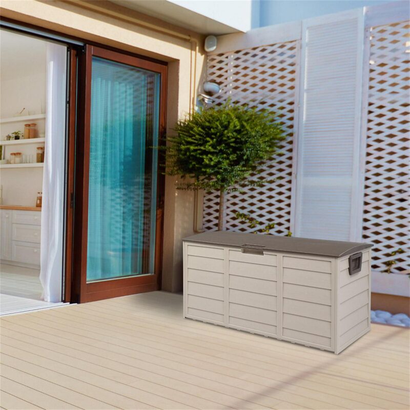 Kepooman 75gal 260L Large Deck Box, Outdoor Storage Box for Patio Furniture,Garden,Cushions Toys Lockable Seat,Brown