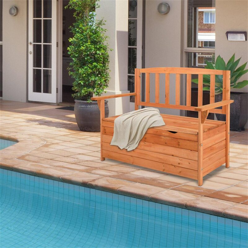 Kepooman Deck Box Bench, Storage Box with Backrest Armrest, All-Weather Yard Container Furniture for Tools, Toys, Outdoor Storage Bench Deck Box with Seat, Orange - Image 3