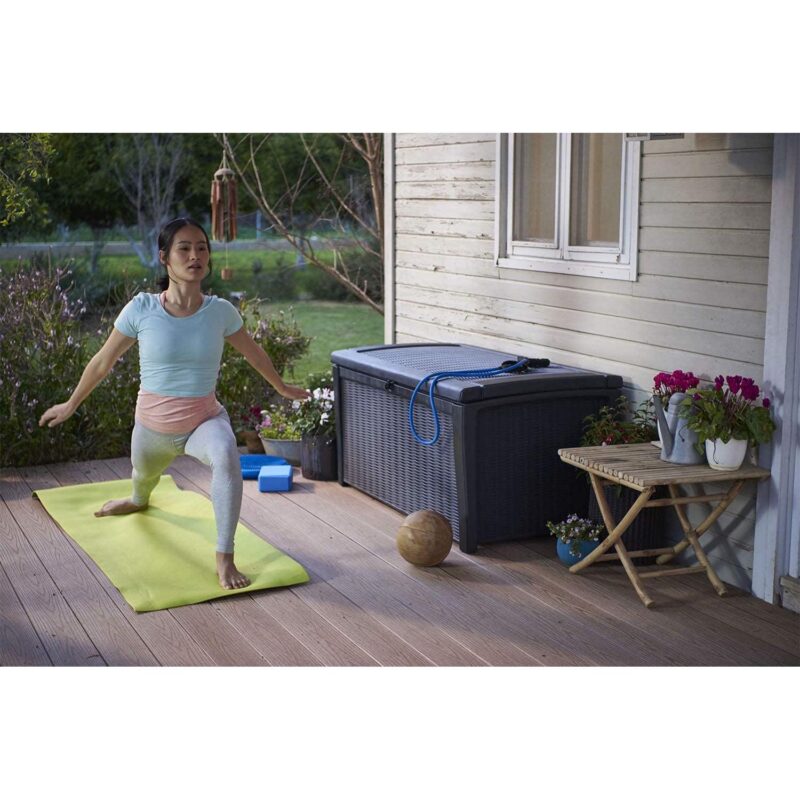 Keter Borneo 110 Gallon Rattan Plastic Outdoor Storage Deck Box Bench, Grey - Image 7