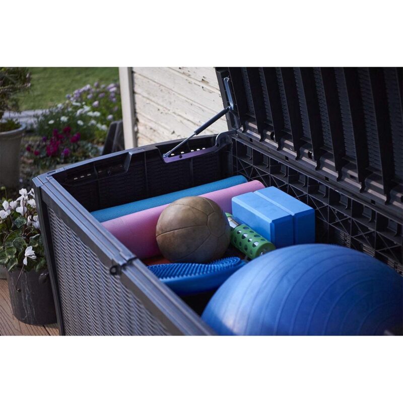 Keter Borneo 110 Gallon Rattan Plastic Outdoor Storage Deck Box Bench, Grey - Image 9