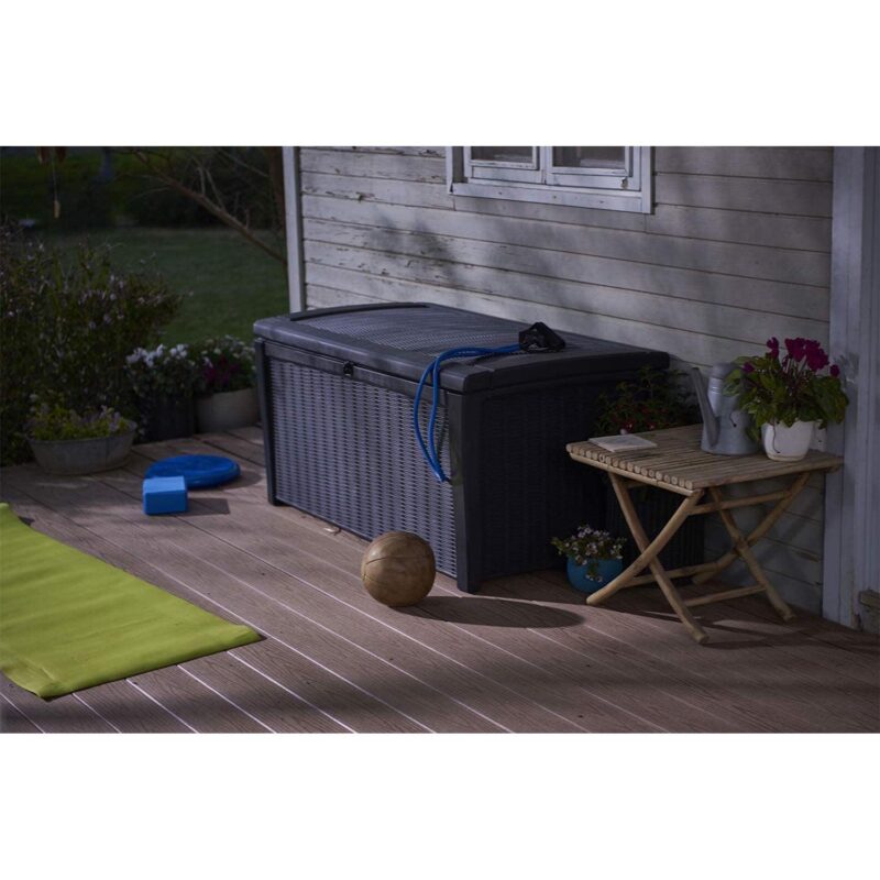 Keter Borneo 110 Gallon Rattan Plastic Outdoor Storage Deck Box Bench, Grey - Image 11