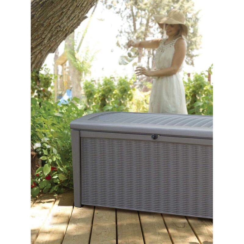 Keter Borneo 110 Gallon Rattan Plastic Outdoor Storage Deck Box Bench, Grey - Image 12