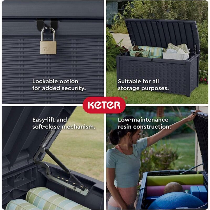 Keter Borneo 110 Gallon Rattan Plastic Outdoor Storage Deck Box Bench, Grey - Image 3