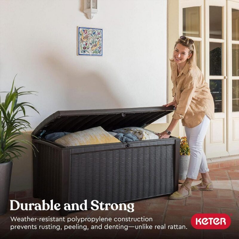 Keter Borneo 110 Gallon Rattan Plastic Outdoor Storage Deck Box Bench, Grey - Image 5