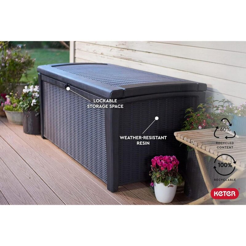 Keter Borneo 110 Gallon Rattan Plastic Outdoor Storage Deck Box Bench, Grey - Image 4