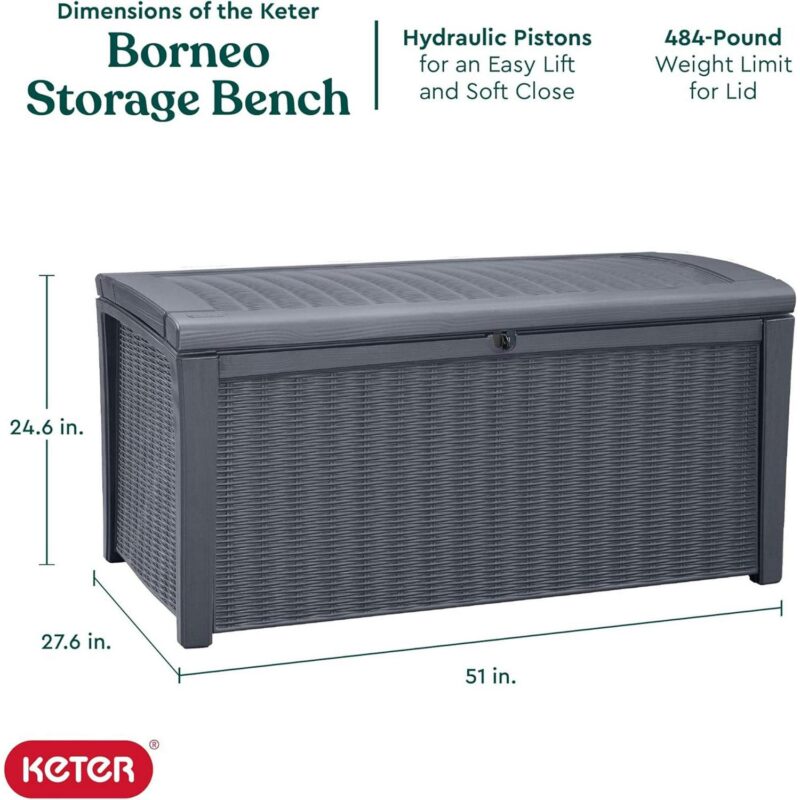 Keter Borneo 110 Gallon Rattan Plastic Outdoor Storage Deck Box Bench, Grey - Image 2