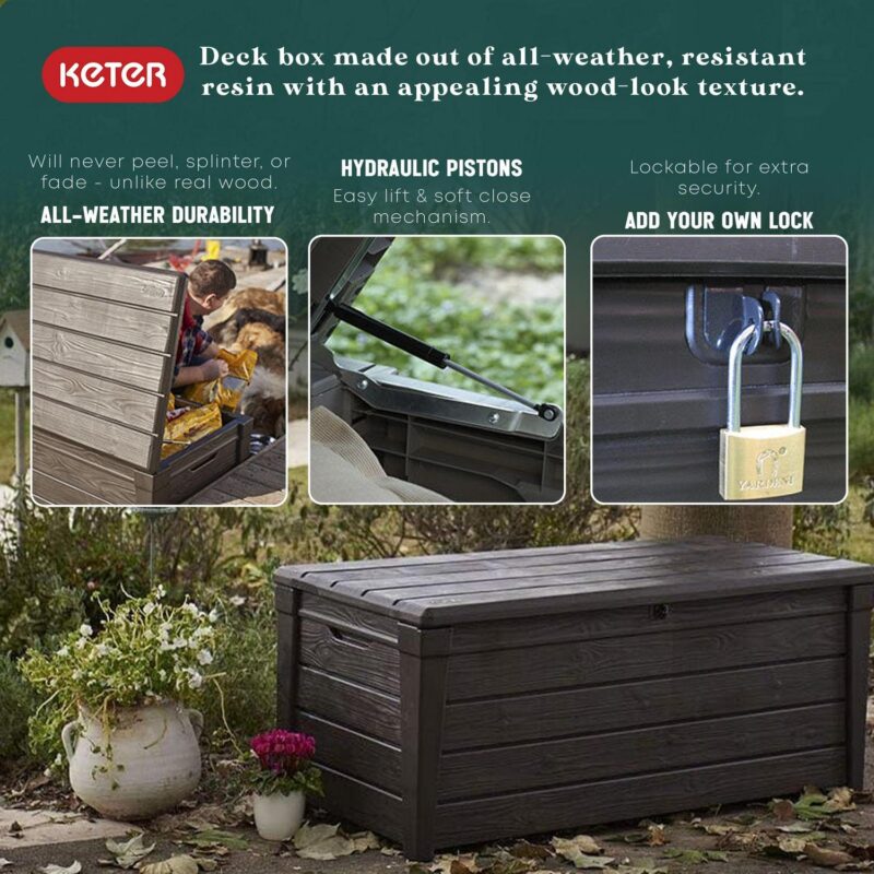 Keter Brightwood 120 Gallon Durable Weatherproof Resin Deck Box Organization and Storage for Outdoor Patio and Lawn, Brown - Image 3