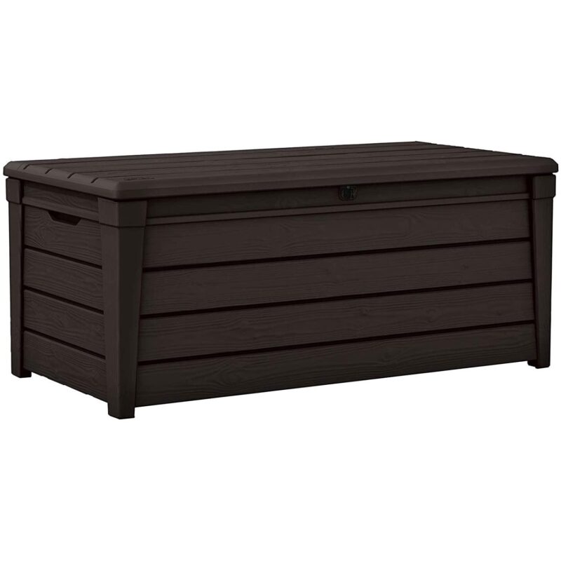 Keter Brightwood 120 Gallon Durable Weatherproof Resin Deck Box Organization and Storage for Outdoor Patio and Lawn, Brown