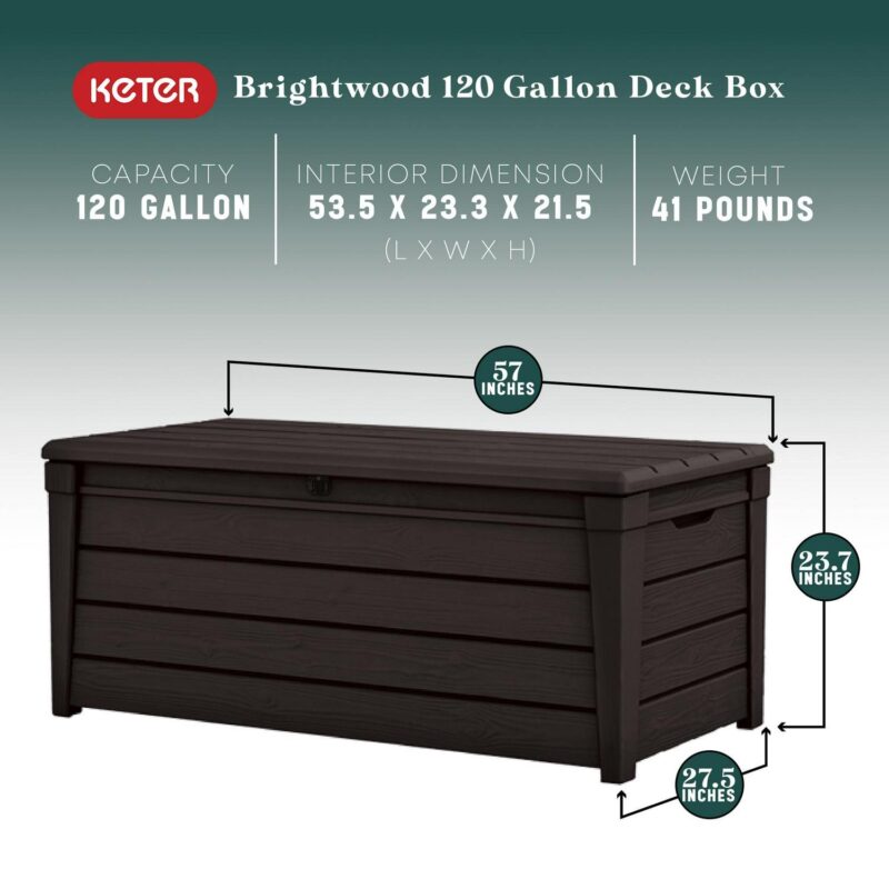 Keter Brightwood 120 Gallon Durable Weatherproof Resin Deck Box Organization and Storage for Outdoor Patio and Lawn, Brown - Image 2