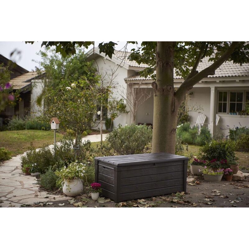 Keter Brightwood 120 Gallon Durable Weatherproof Resin Deck Box Organization and Storage for Outdoor Patio and Lawn, Brown - Image 9