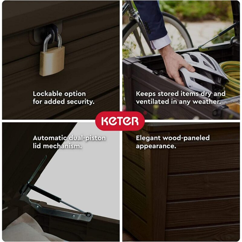 Keter Brightwood Weatherproof Patio Deck Storage Box Bench, Brown (2 Pack) - Image 6