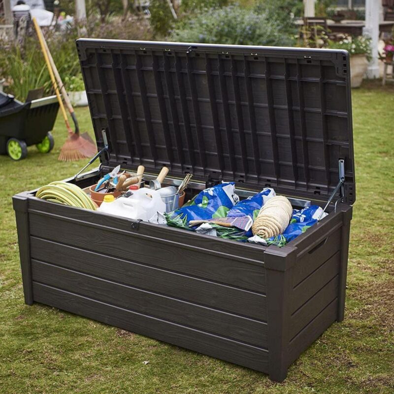 Keter Brightwood Weatherproof Patio Deck Storage Box Bench, Brown (2 Pack) - Image 9