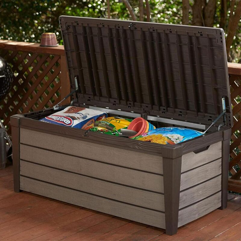 Keter Brushwood 120 Gallon Resin Outdoor Deck Box for Yard Tools, Brown - Image 6