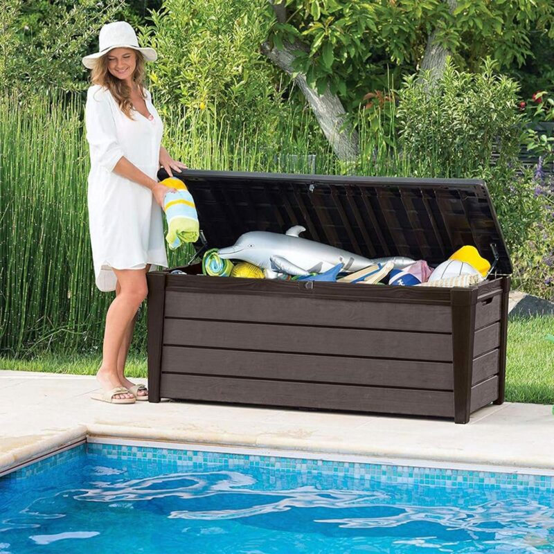 Keter Brushwood 120 Gallon Resin Outdoor Deck Box for Yard Tools, Brown - Image 4