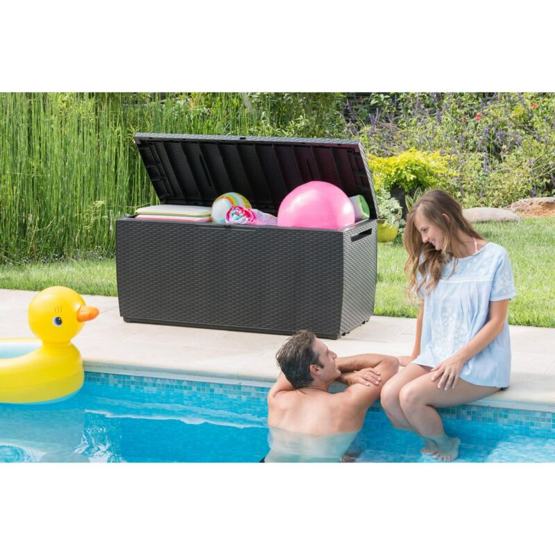 Keter Capri 80 Gallon Durable Weatherproof Resin Deck Box Organization and Storage for Outdoor Patio and Lawn, Rattan Espresso Brown - Image 4