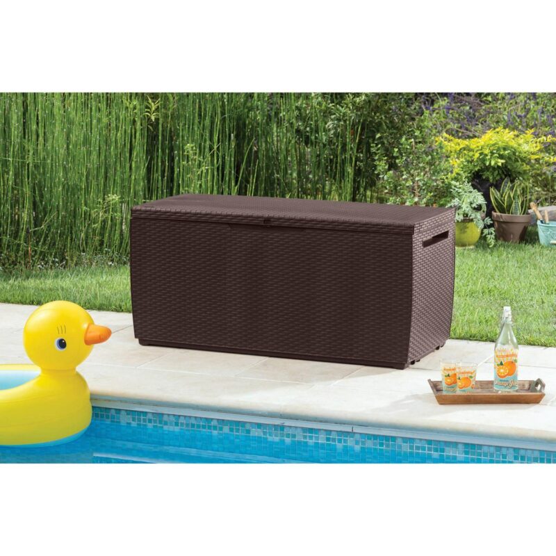 Keter Capri 80 Gallon Durable Weatherproof Resin Deck Box Organization and Storage for Outdoor Patio and Lawn, Rattan Espresso Brown - Image 8