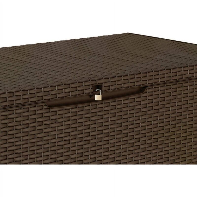 Keter Capri 80 Gallon Durable Weatherproof Resin Deck Box Organization and Storage for Outdoor Patio and Lawn, Rattan Espresso Brown - Image 6
