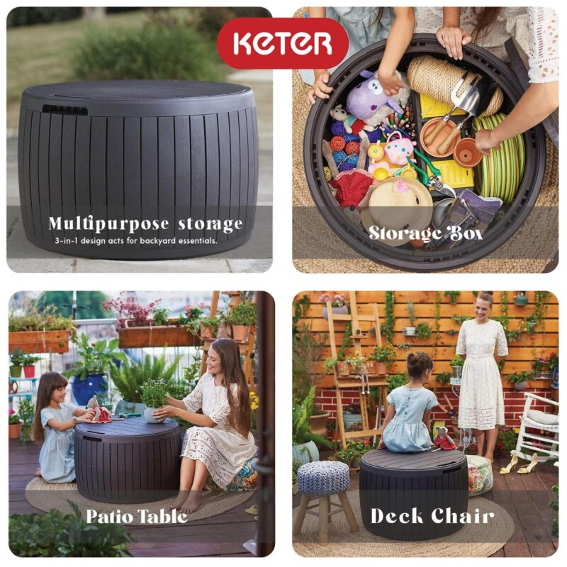 Keter Circa Patio Deck Storage Box and Table for Outdoor Furniture, Brown - Image 3