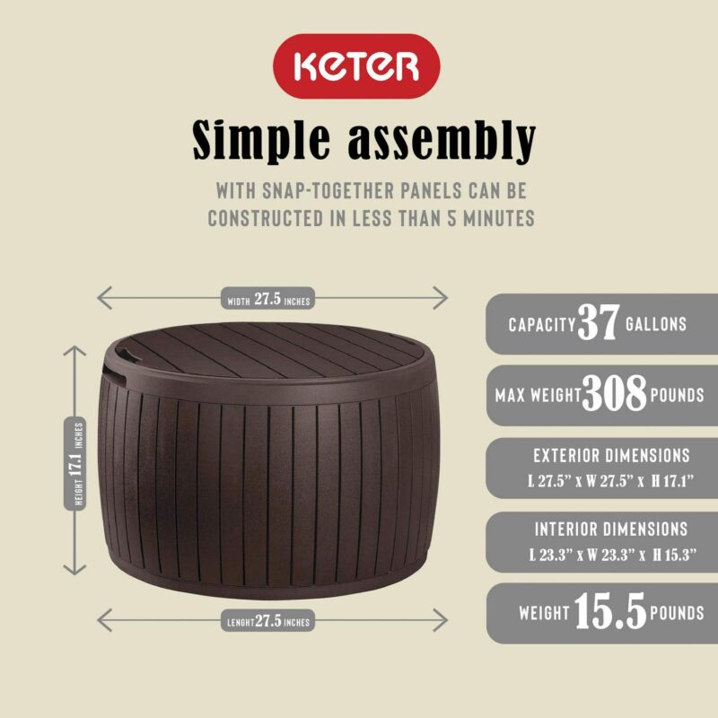 Keter Circa Patio Deck Storage Box and Table for Outdoor Furniture, Brown - Image 2