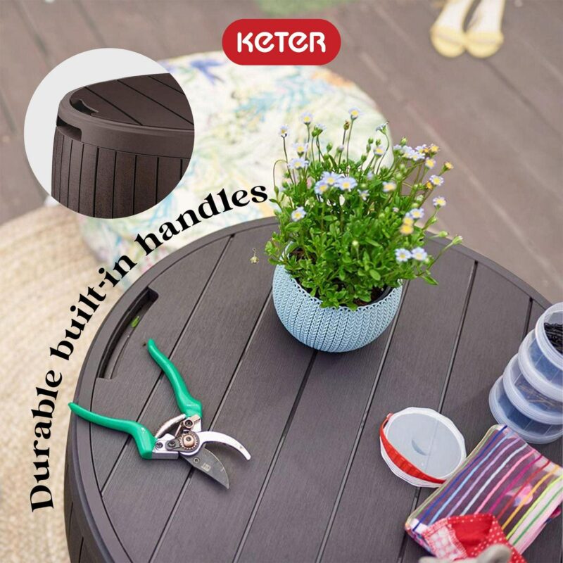 Keter Circa Patio Deck Storage Box and Table for Outdoor Furniture, Brown - Image 4