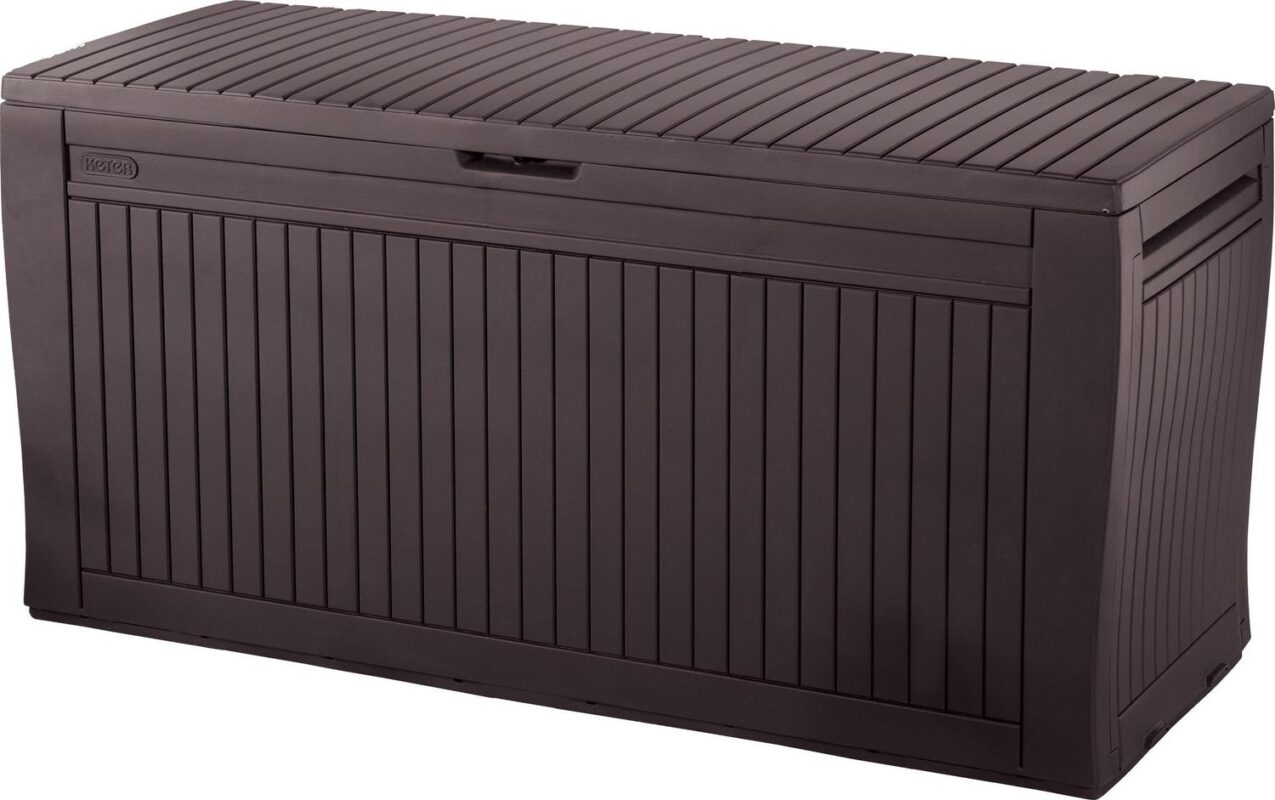Keter Comfy 71 Gallon Durable Weatherproof Resin Deck Box Organization and Storage for Outdoor Patio and Lawn, Espresso Brown