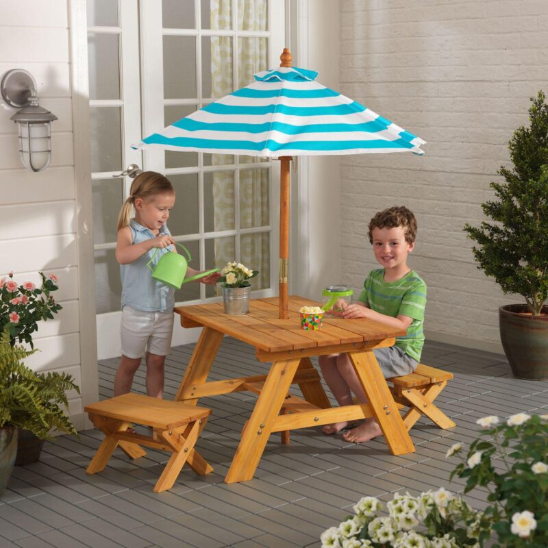 KidKraft Outdoor Table and Bench Set with Umbrella - Turquoise and White - Image 3