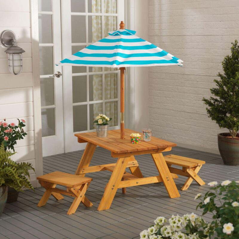 KidKraft Outdoor Table and Bench Set with Umbrella - Turquoise and White - Image 2