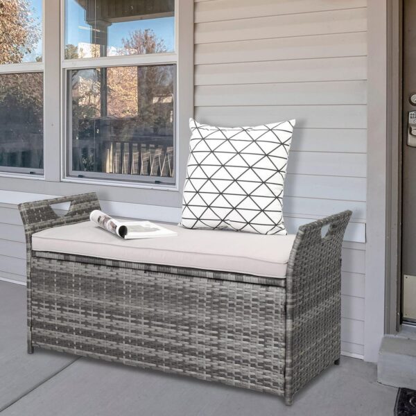 Ktaxon 33 Gal Rattan Wicker Storage Box for Patio Garden, Rattan Deck Box, Gray, Wicker Storage Bench w/ Cushion