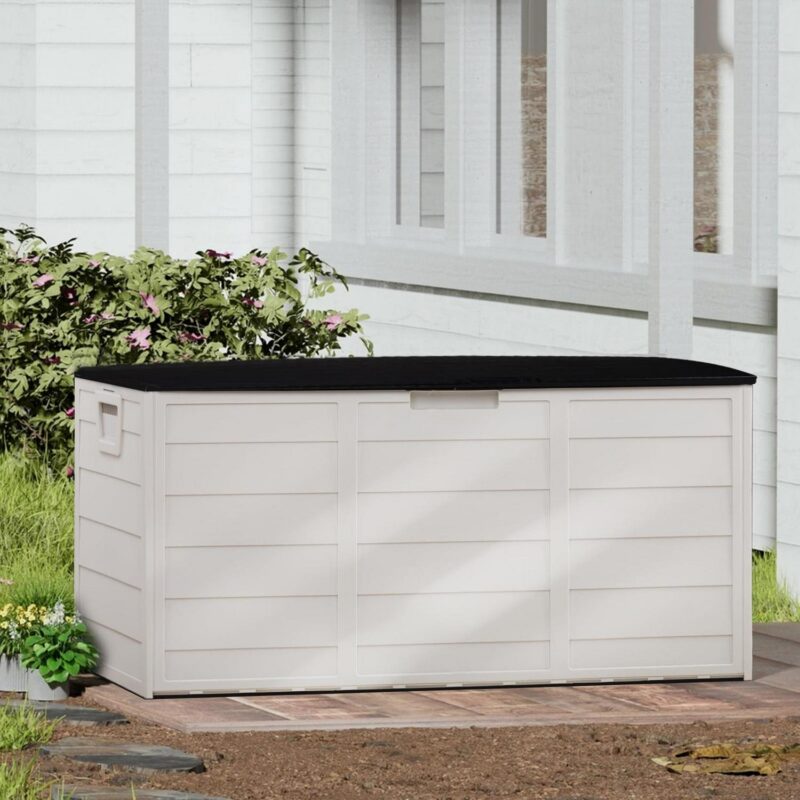 Ktaxon 75gal Outdoor Garden Plastic Storage Deck Box Chest Tools Cushions Toys White and Black Lid - Image 7